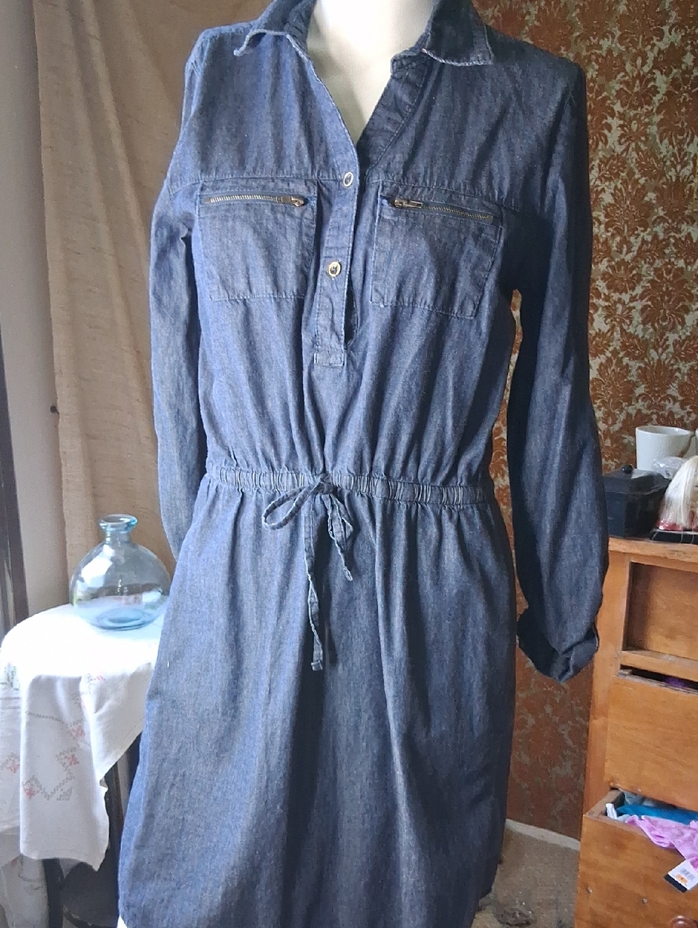 Denim Mystyle Chambray Drawstring Shirt Dress - Blue